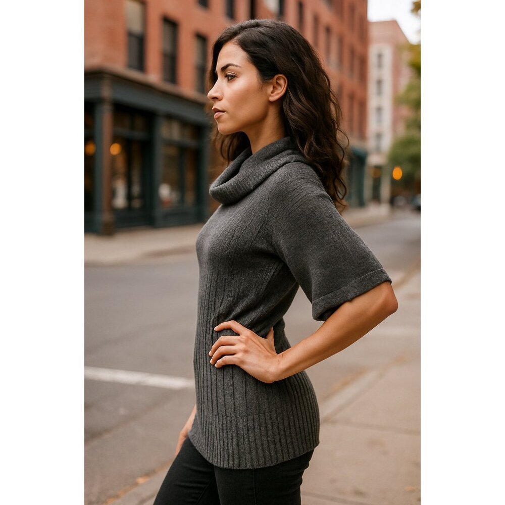 Gauge & Cable XL Gray Metallic Knit Sweater Tunic Cowl Neckline Wide Sleeves